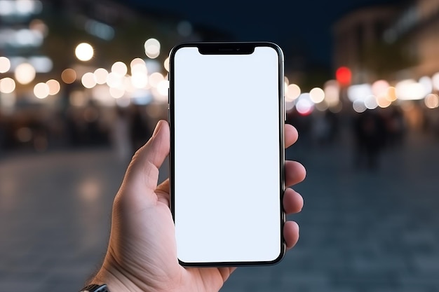 Telefono cellulare con uno schermo bianco in mano sullo sfondo della città