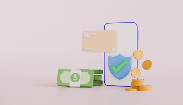 Telefono cellulare e carta di credito con scudo accatastamento di monete banconote smartphone pagamento digitale