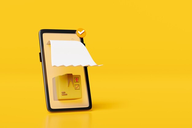 telefono cellulare smartphone con ricevuta di consegna merce scatola di cartone isolata su sfondo giallo shopping online ricerca dati concetto di tracciamento dell'ordine illustrazione 3d o tracciato di ritaglio rendering 3d