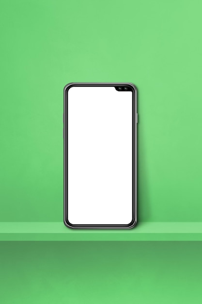 Telefono cellulare su mensola a muro verde. Sfondo verticale. Illustrazione 3D