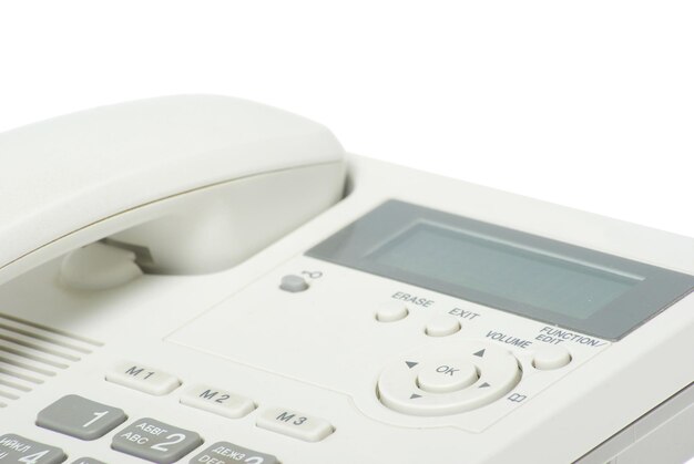 Telefono da ufficio bianco su sfondo bianco