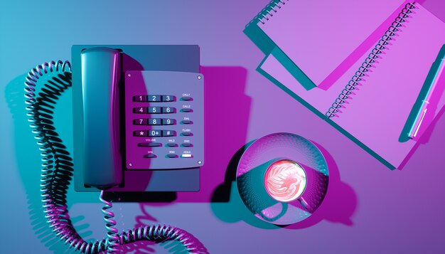 Telefono di casa in primo piano di illuminazione ultravioletta, illustrazione 3d