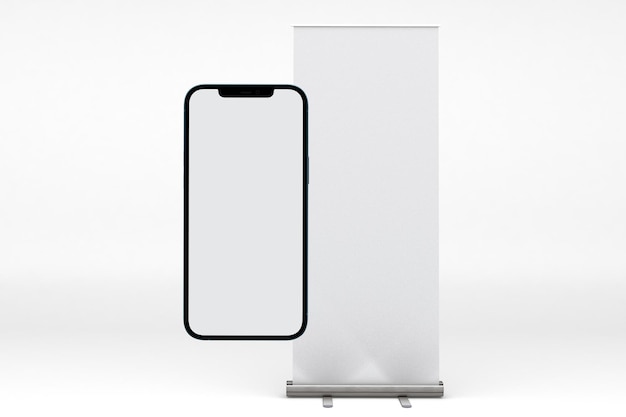Telefono e lato anteriore Rollup isolato in uno sfondo bianco