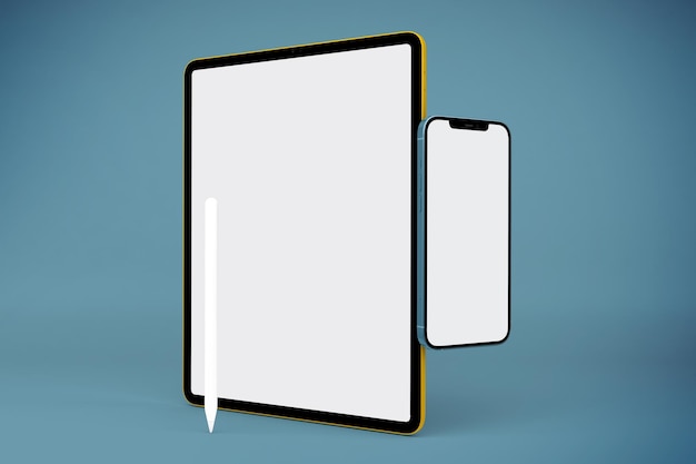 Telefono e tablet lato sinistro con sfondo blu