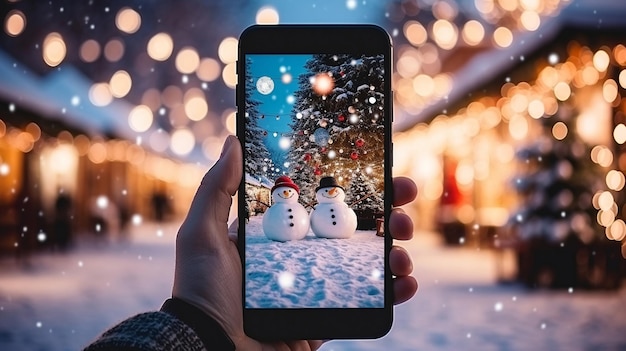 telefono in mano dell'uomo che fa foto di albero di Natale colorato festivo e pupazzo di neve nella città invernale