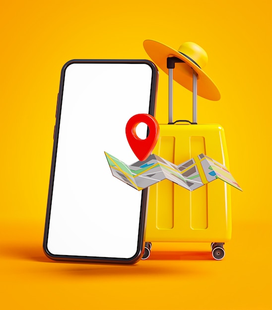 Telefono mockup giallo bagagli, mappa pin e cappello concetto di viaggio sfondo 3d rendering