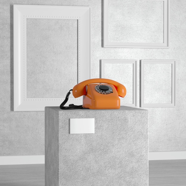 Telefono rotante in stile vintage arancione su piedistallo, palco, podio o colonna in galleria d'arte o museo su sfondo bianco. Rendering 3D