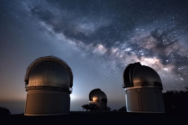 Telescopi e cupole di osservatorio nel cielo notturno con stelle che brillano create con ai generativa
