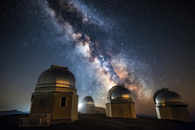 Telescopi e osservatori nel bel mezzo di un cielo notturno stellato creato con l'IA generativa