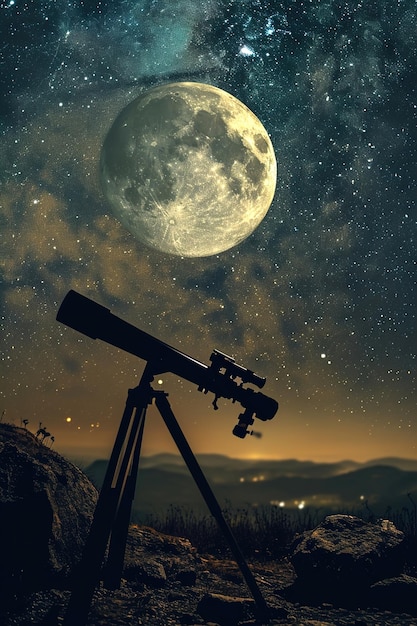 Telescopio e corpi celesti come la luna le stelle e i pianeti di notte