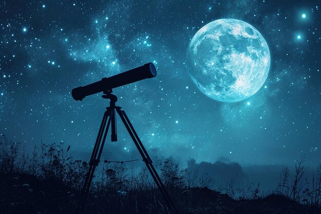 Telescopio e corpi celesti come la luna le stelle e i pianeti di notte