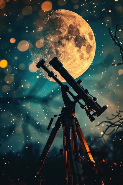 Telescopio e corpi celesti come la luna stelle e pianeti di notte