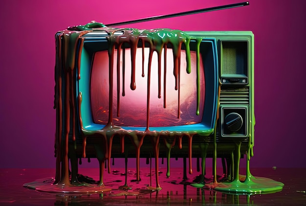 televisione con vernice colorata che gocciola su di essa nello stile della psichedelia criptica