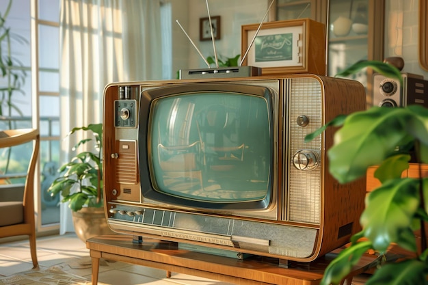 Televisione d'epoca in salotto in stile retro con proiezione di luce solare Luce calda Casa nostalgica