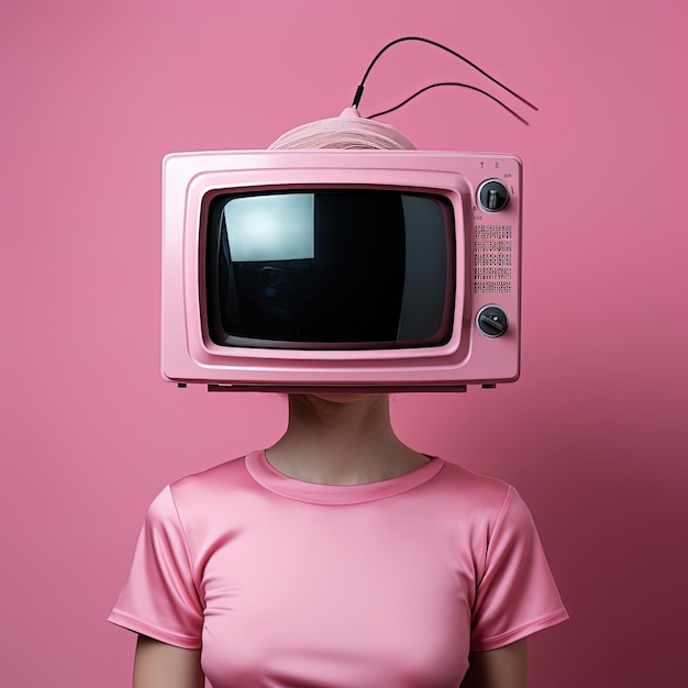 televisione rosa sopra la testa di una persona nello stile delle sculture spaziali negative