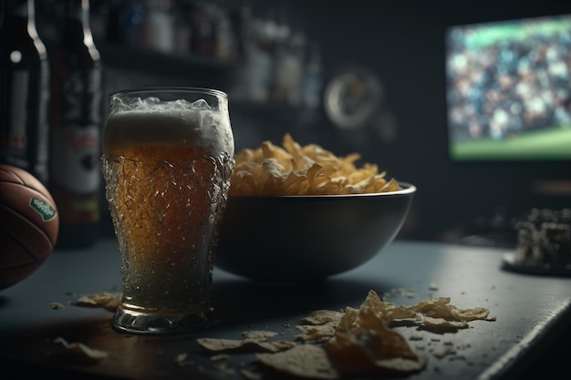 Televisore guardando una partita di calcio con snack e alcol rilassati davanti alla TV Una partita di fan gioca con un piatto di patatine boccale di birra sul tavolo Bevande popcorn