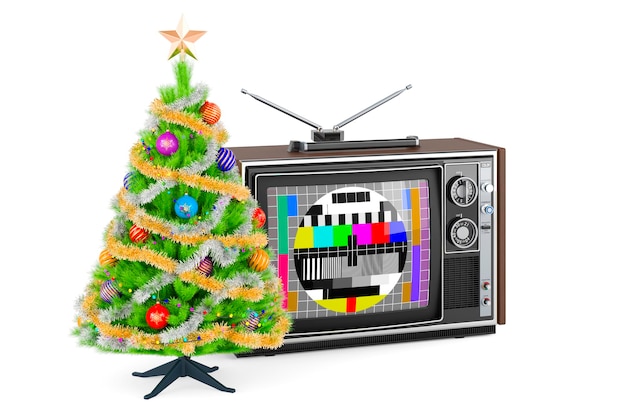 Televisore retrò con rendering 3D dell'albero di Natale