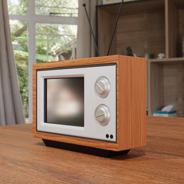 televisore vintage in legno dall'aspetto antico posizionato nella stanza con vista laterale