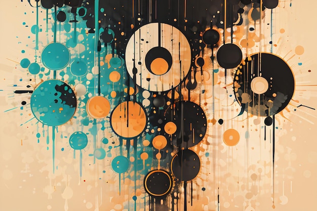 Tema arancione nero bolle rotonde gocciolanti acquerello disegno inchiostro sfondo carta da parati illustrazione