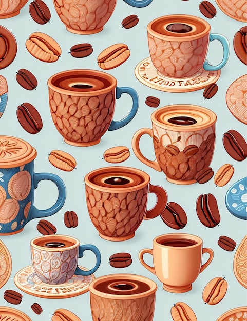 Tema del caffè set modello sfondo tazze di caffè chicchi di caffè bella illustrazione stampa realistica