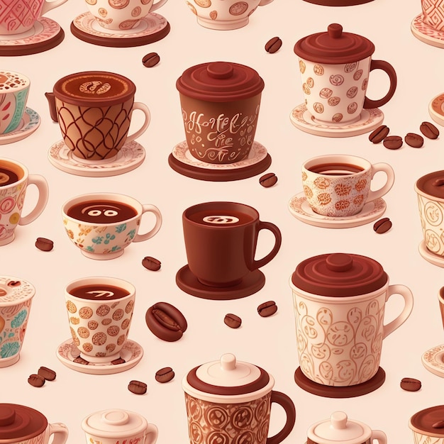 Tema del caffè set modello sfondo tazze di caffè chicchi di caffè bella illustrazione stampa realistica