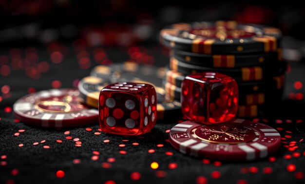 Tema del casinò Immagine ad alto contrasto della roulette del casinò Gioco di poker Gioco di dadi Gioco di chip di poker sul tavolo da gioco Tutto su uno sfondo bokeh colorato
