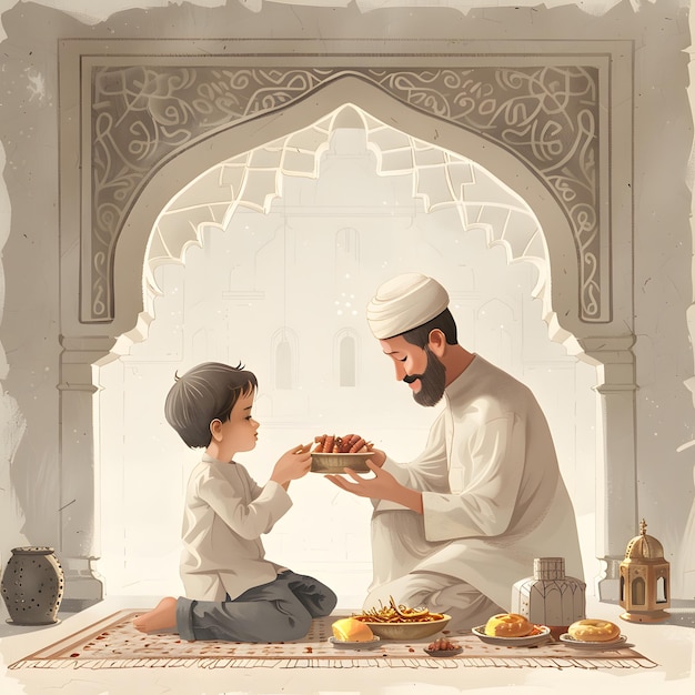 Tema del Ramadan Uomo e suo figlio che si danno l'un l'altro kebab calligrafia islamica