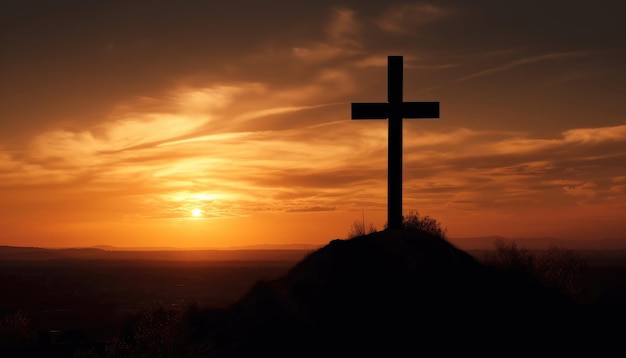 Tema del venerdì santo con silhouette a croce sul cielo dorato del tramonto IA generativa