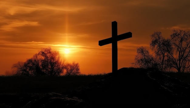 Tema del venerdì santo con silhouette a croce sul cielo dorato del tramonto IA generativa