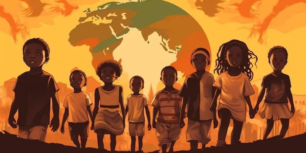 Tema dell'illustrazione dei bambini africani del giorno dell'emancipazione del giorno della libertà o dei generi del giorno dell'indipendenza nera