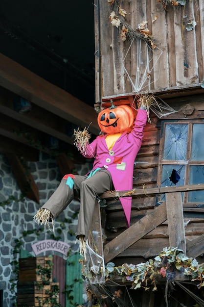 Tema della decorazione di Halloween in un giardino pubblico all'aperto, zucche spaventose sul terreno.