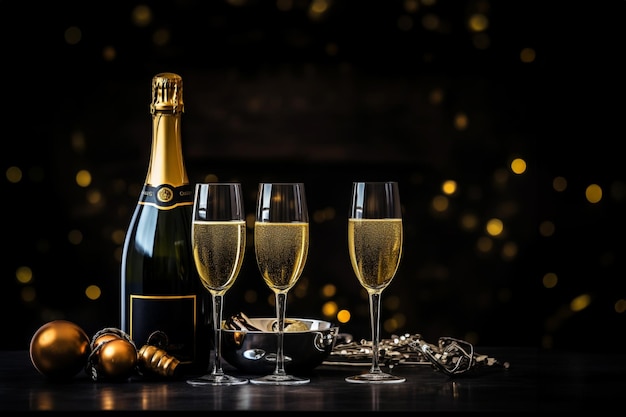 Tema di festa di Natale premium con bottiglia di champagne bicchieri da vino confetti dorati e palle decorative su uno sfondo scuro elegante arrangiamento piatto sontuoso con spazio di copia