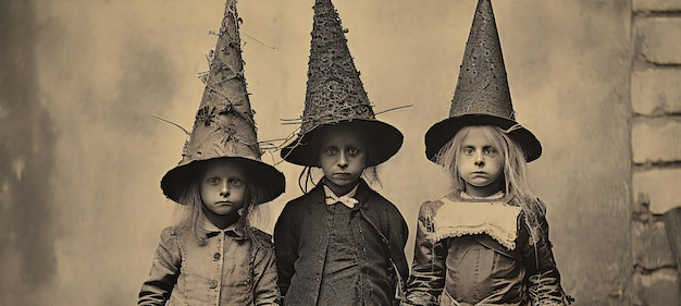 Tema di Halloween gruppo di bambini vestiti da streghe davanti a un muro