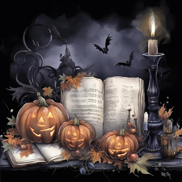 Tema di Halloween pipistrello luna zucca e candela immagine generata ai di alta qualità
