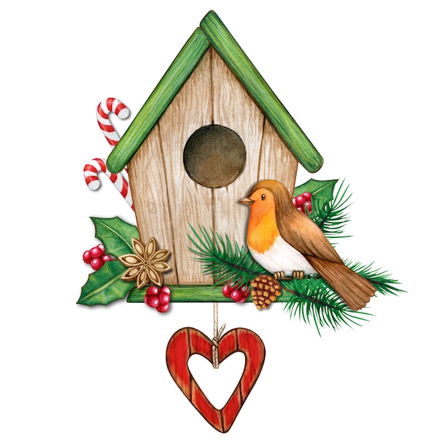 Tema di Natale Birdhouse dell'acquerello con pettirosso rosso