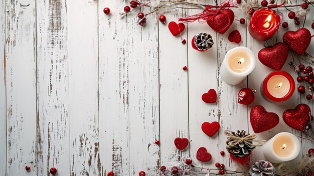 Tema di San Valentino con candele a forma di cuori rossi e uno sfondo in legno bianco