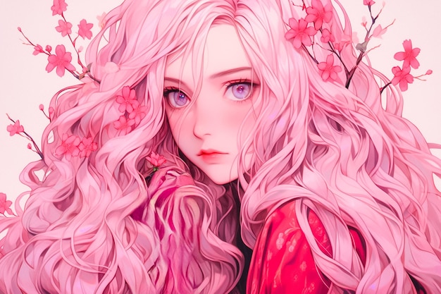 Tema fantasy e carino di una ragazza con capelli da sogno e colore rosa Ai generato