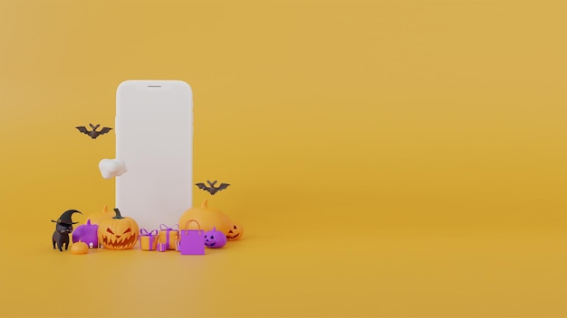 Tema felice di Halloween dello smartphone con l'illustrazione 3d degli ornamenti di Halloween