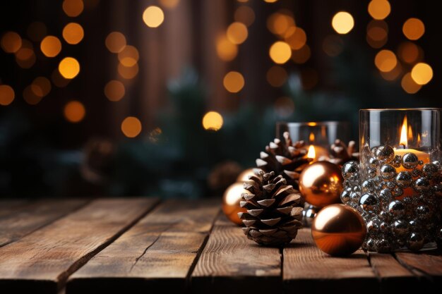 tema natalizio del tavolo vuoto in legno marrone con sfondo astratto luce notturna bokeh spazio copia per la visualizzazione del prodotto o presentazione dell'oggetto di montaggio AI generativa