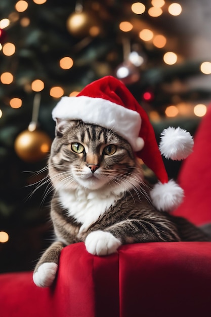 tema natalizio Gatto che indossa un cappello da Babbo Natale con decorazioni natalizie sullo sfondo