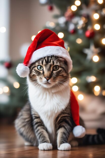 tema natalizio Gatto che indossa un cappello da Babbo Natale con decorazioni natalizie sullo sfondo