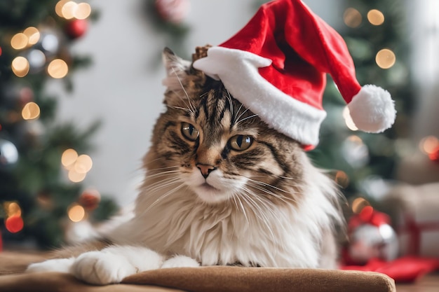 tema natalizio Gatto che indossa un cappello da Babbo Natale con decorazioni natalizie sullo sfondo