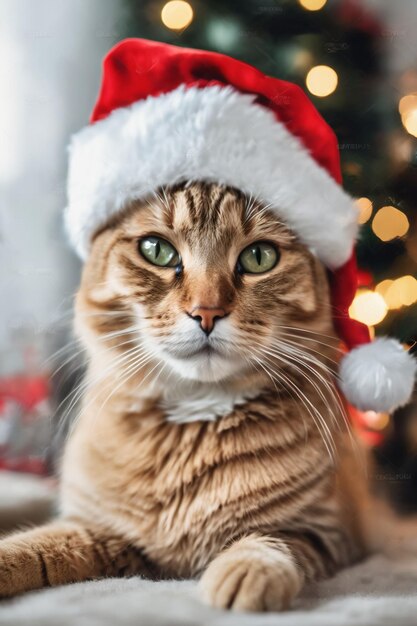 tema natalizio Gatto che indossa un cappello da Babbo Natale con decorazioni natalizie sullo sfondo