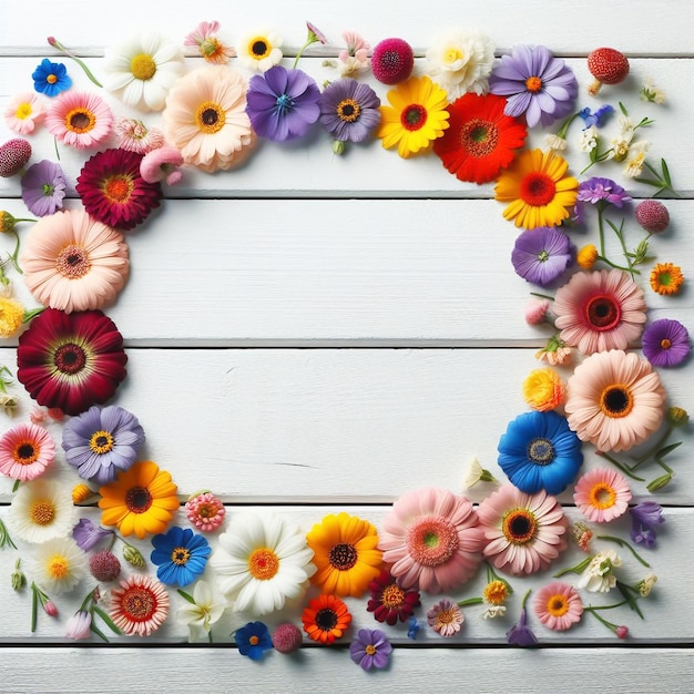 Tema primaverile con fiori colorati su uno sfondo di legno rustico generato dall'AI