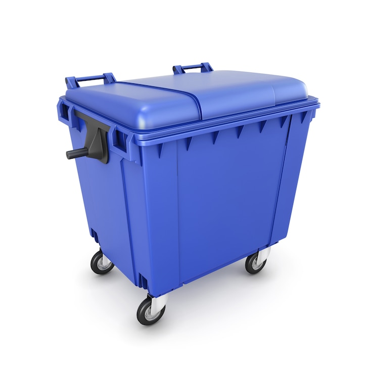 Photo tempat sampah beroda terisolasi pada latar belakang putih. ilustrasi 3d.
