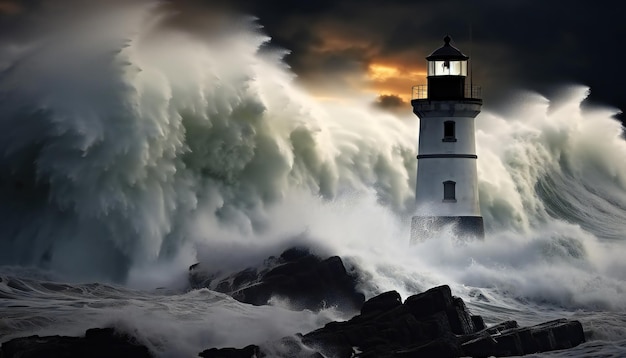 Tempesta con grandi onde sopra il faro sull'oceano