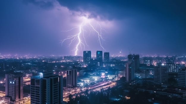 Tempesta di fulmini sulla città in luce blu tempesta di tuoni ira della natura nella grande città