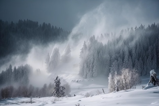 Tempesta di neve con venti di bufera di neve e nevicate accecanti che portano il caos sulla montagna