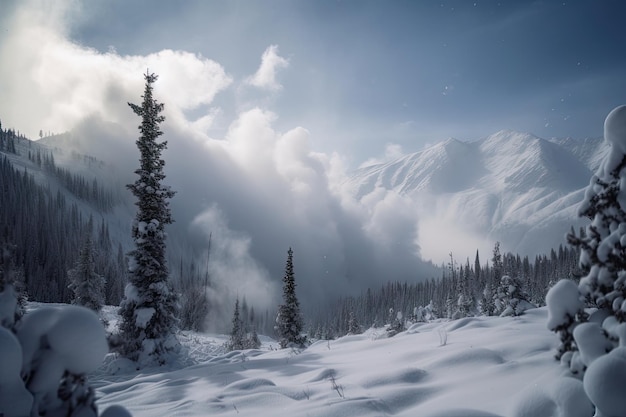 Tempesta di neve con vista sulle montagne innevate e valanghe visibili in lontananza