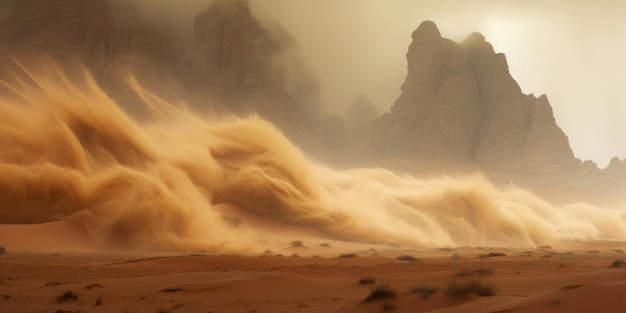 Tempesta di sabbia nel vento del deserto e nuvole di sabbia arancione paesaggio delle dune IA generativa